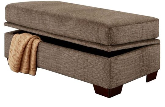 A storage ottoman provides hidden living room storage.